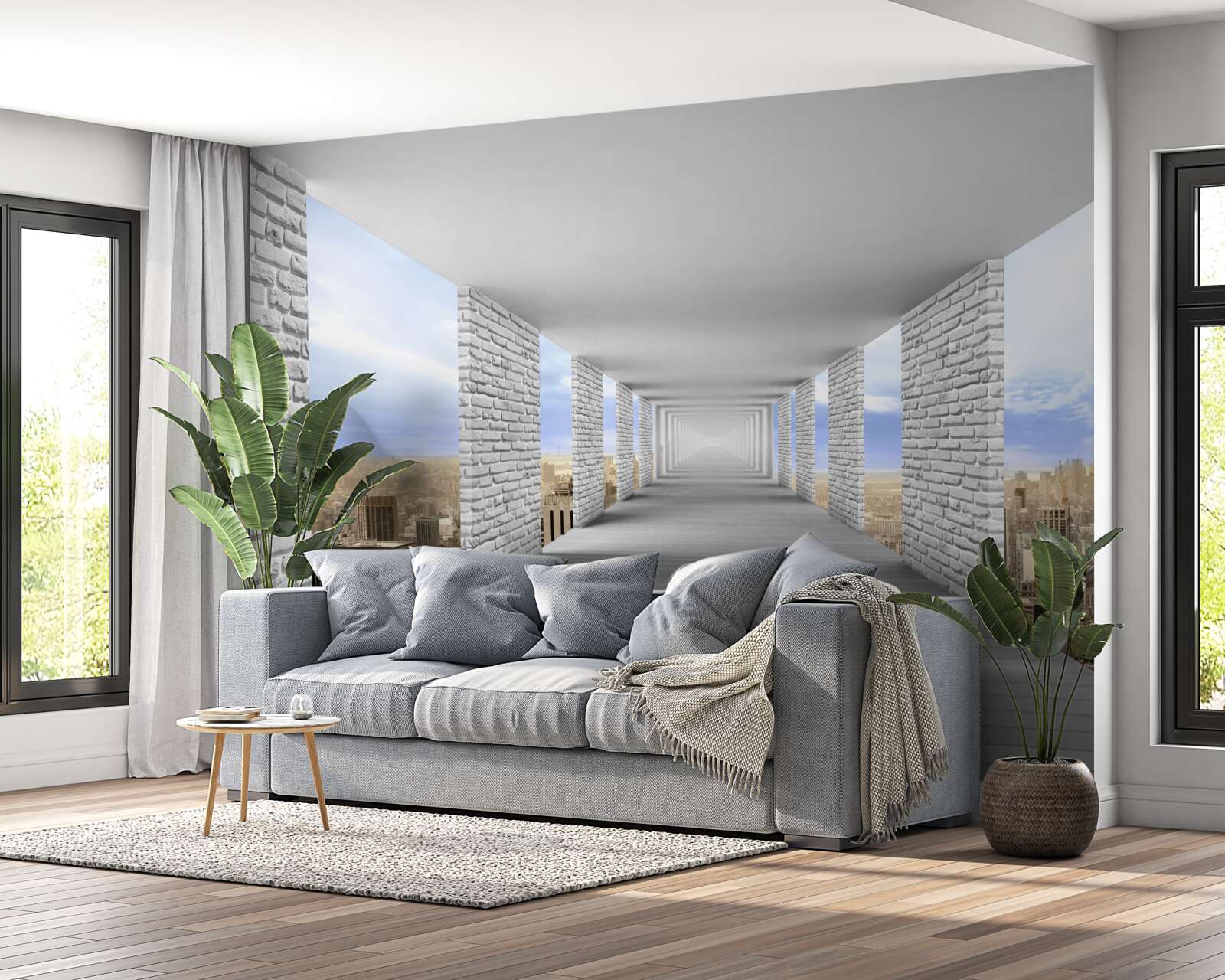 Fototapet coridor cu vedere la oraș în stil abstract