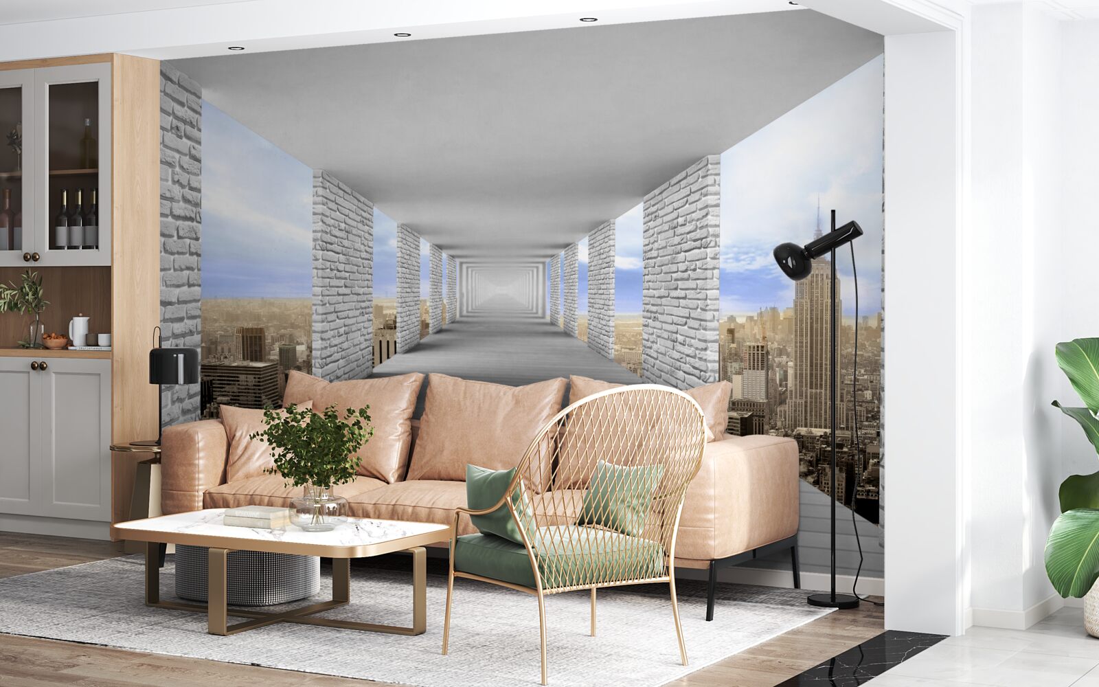 Fototapet coridor cu vedere la oraș în stil abstract