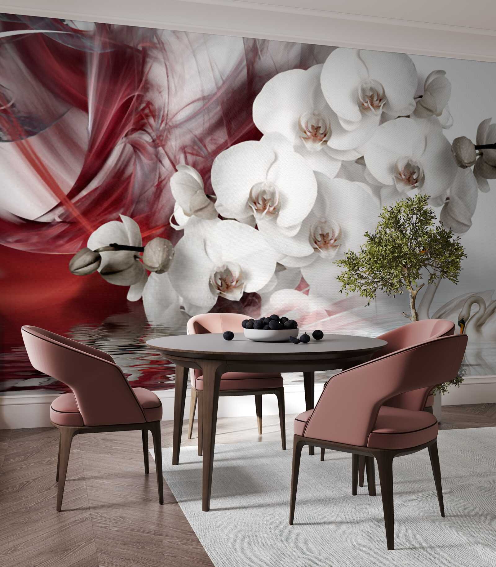 Fototapet orhidee cu muguri albi lângă un iaz cu lebede