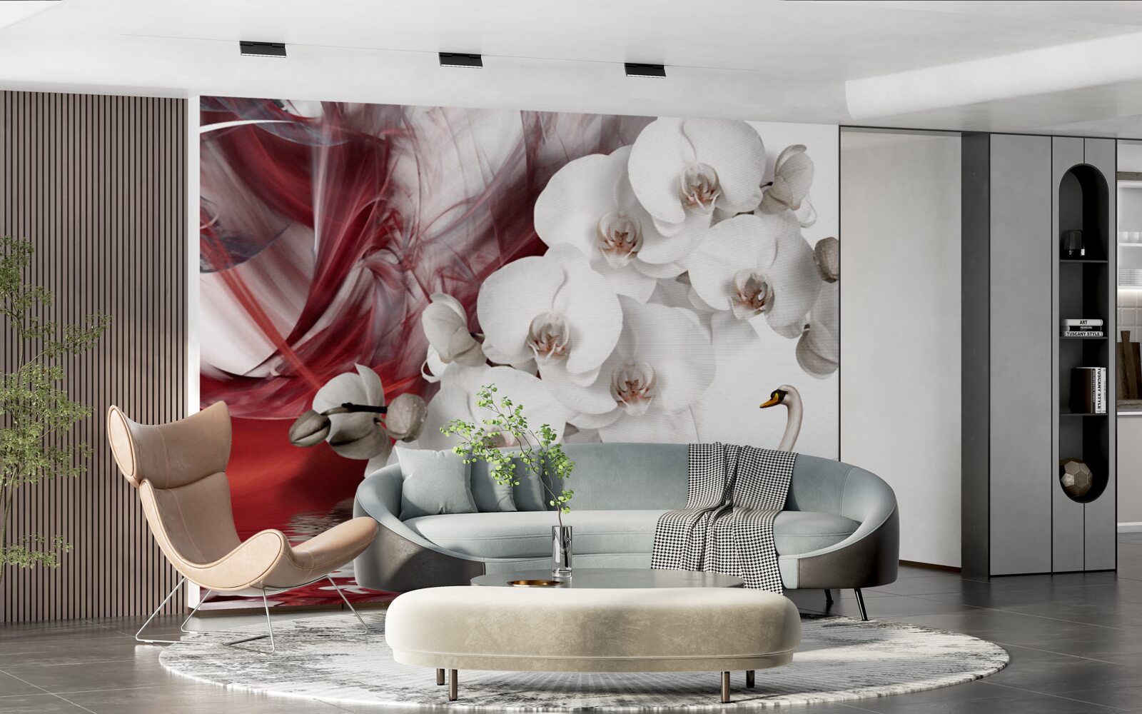 Fototapet orhidee cu muguri albi lângă un iaz cu lebede