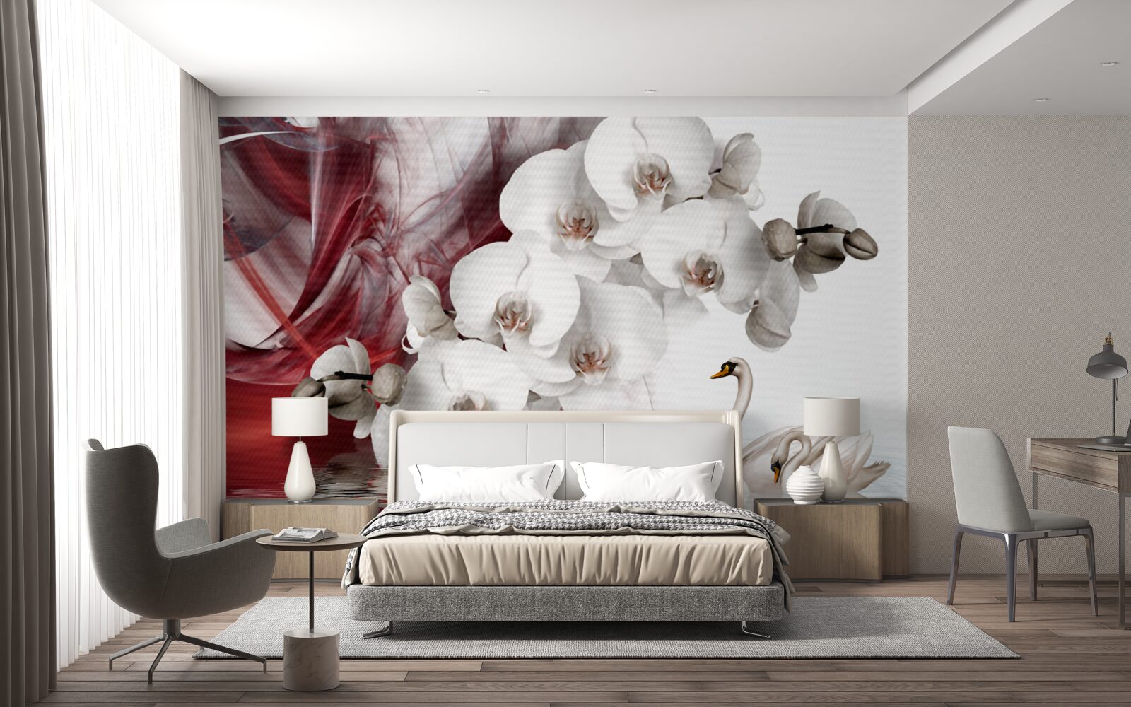 Fototapet orhidee cu muguri albi lângă un iaz cu lebede