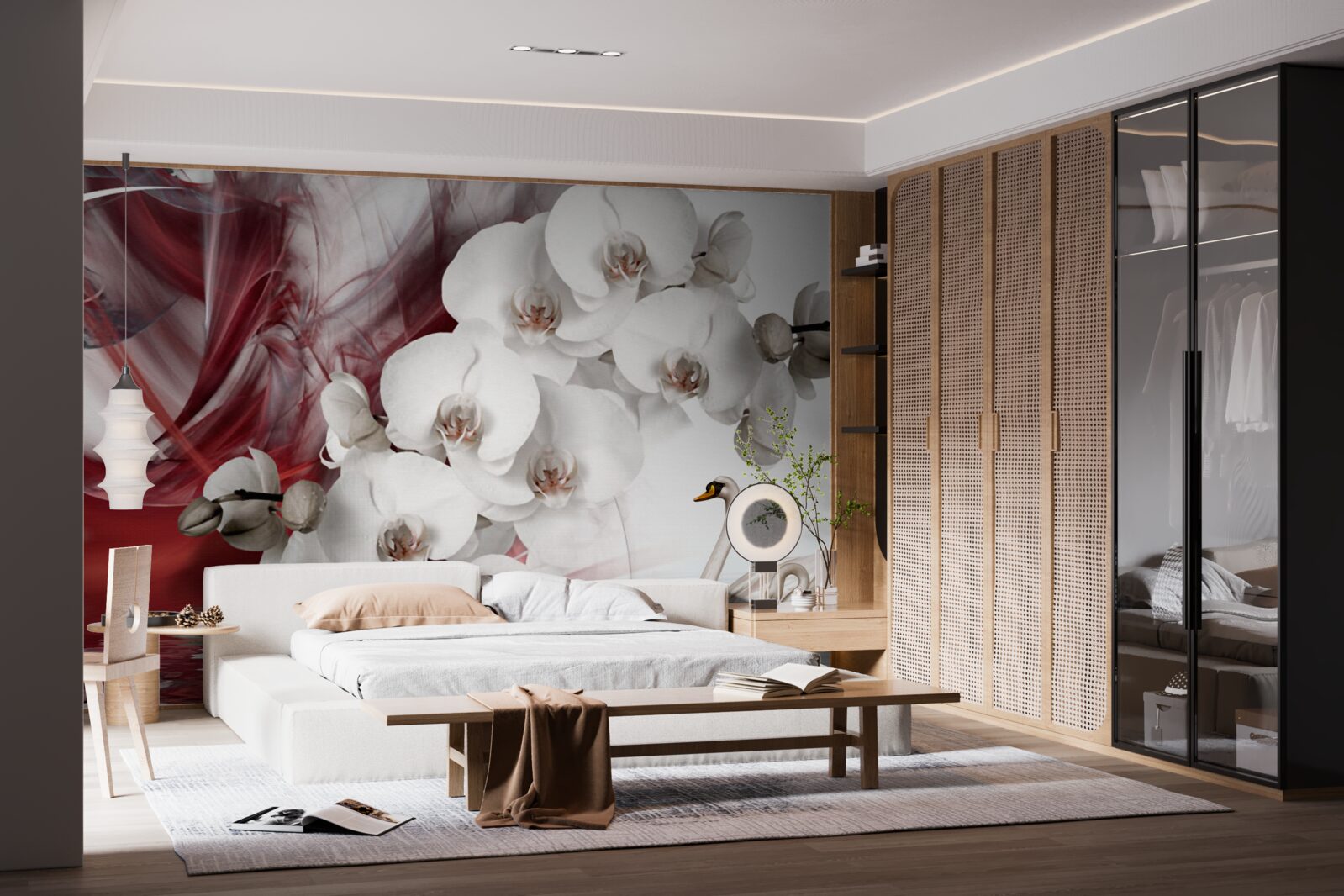 Fototapet orhidee cu muguri albi lângă un iaz cu lebede