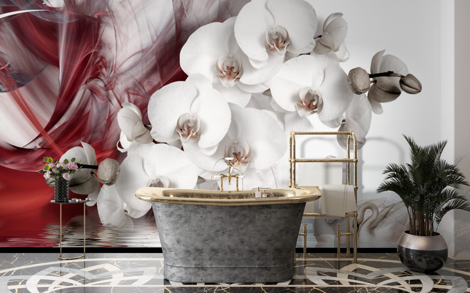 Fototapet orhidee cu muguri albi lângă un iaz cu lebede