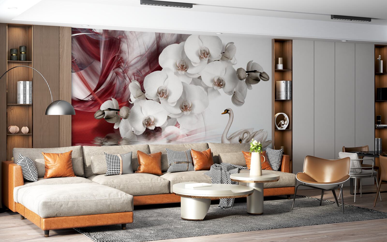 Fototapet orhidee cu muguri albi lângă un iaz cu lebede