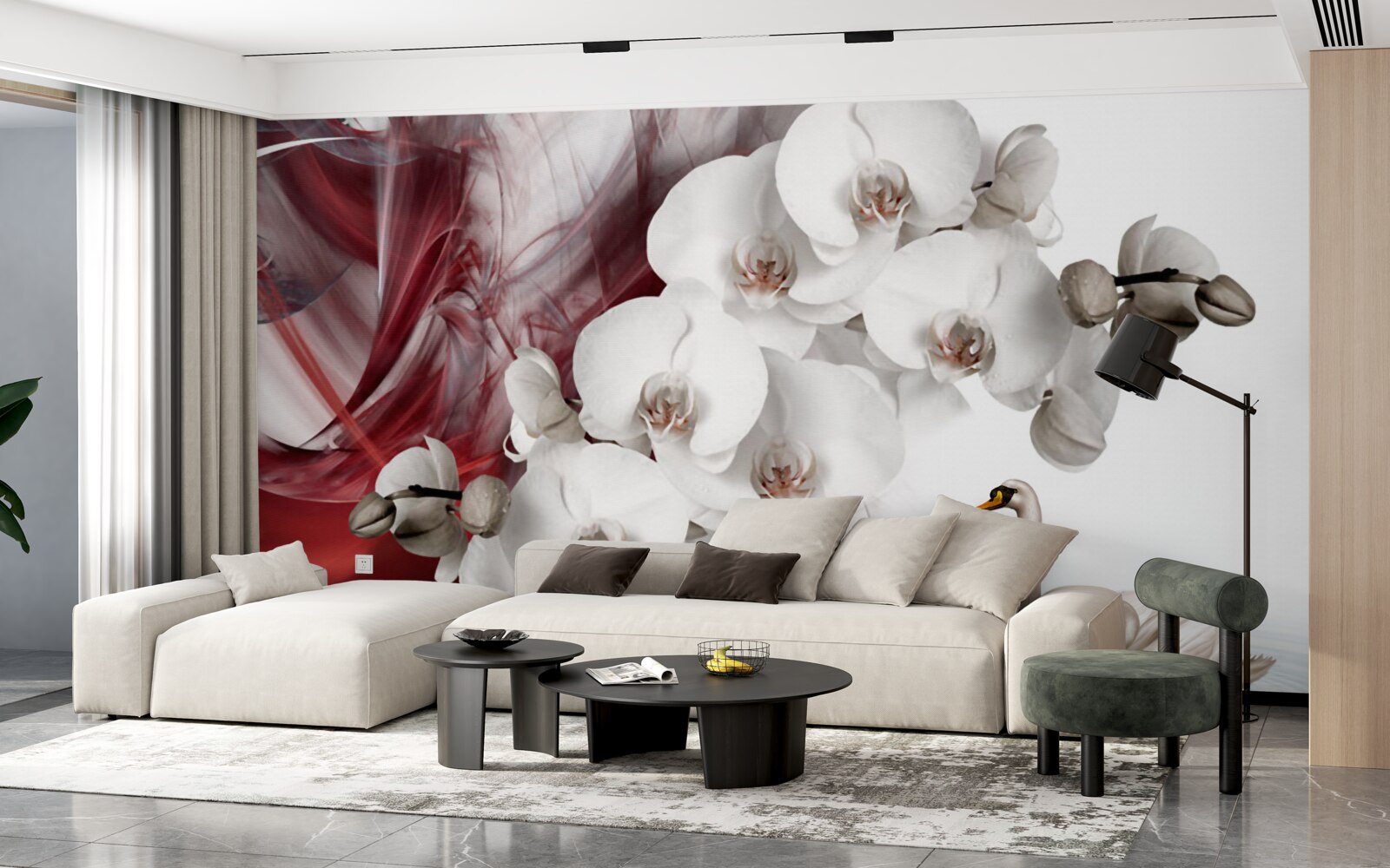 Fototapet orhidee cu muguri albi lângă un iaz cu lebede