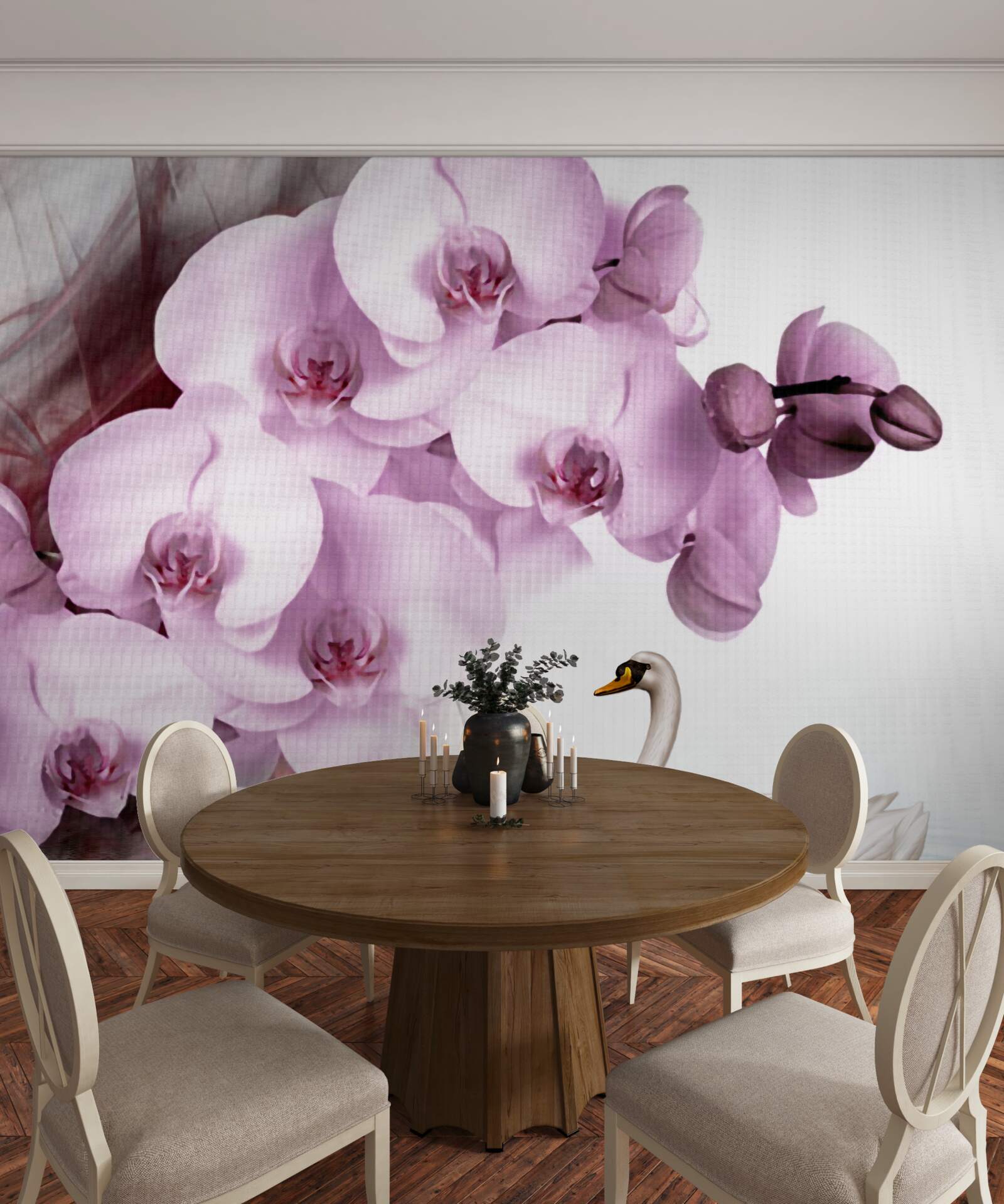 Fototapet lebede pe suprafața apei și o floare delicată de orhidee liliac