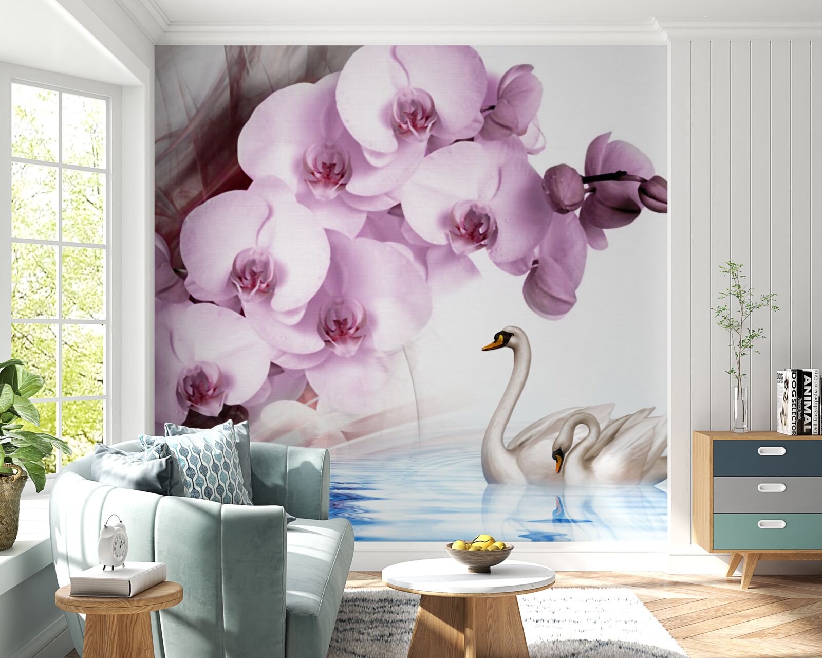 Fototapet lebede pe suprafața apei și o floare delicată de orhidee liliac