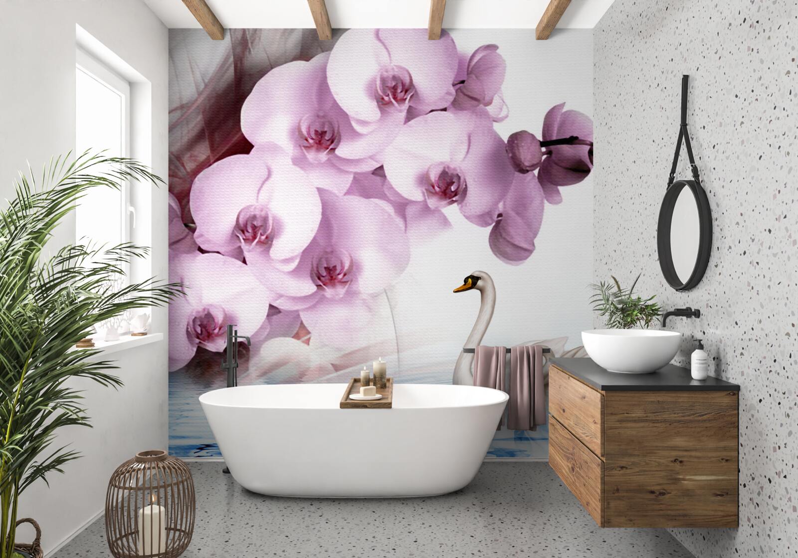 Fototapet lebede pe suprafața apei și o floare delicată de orhidee liliac