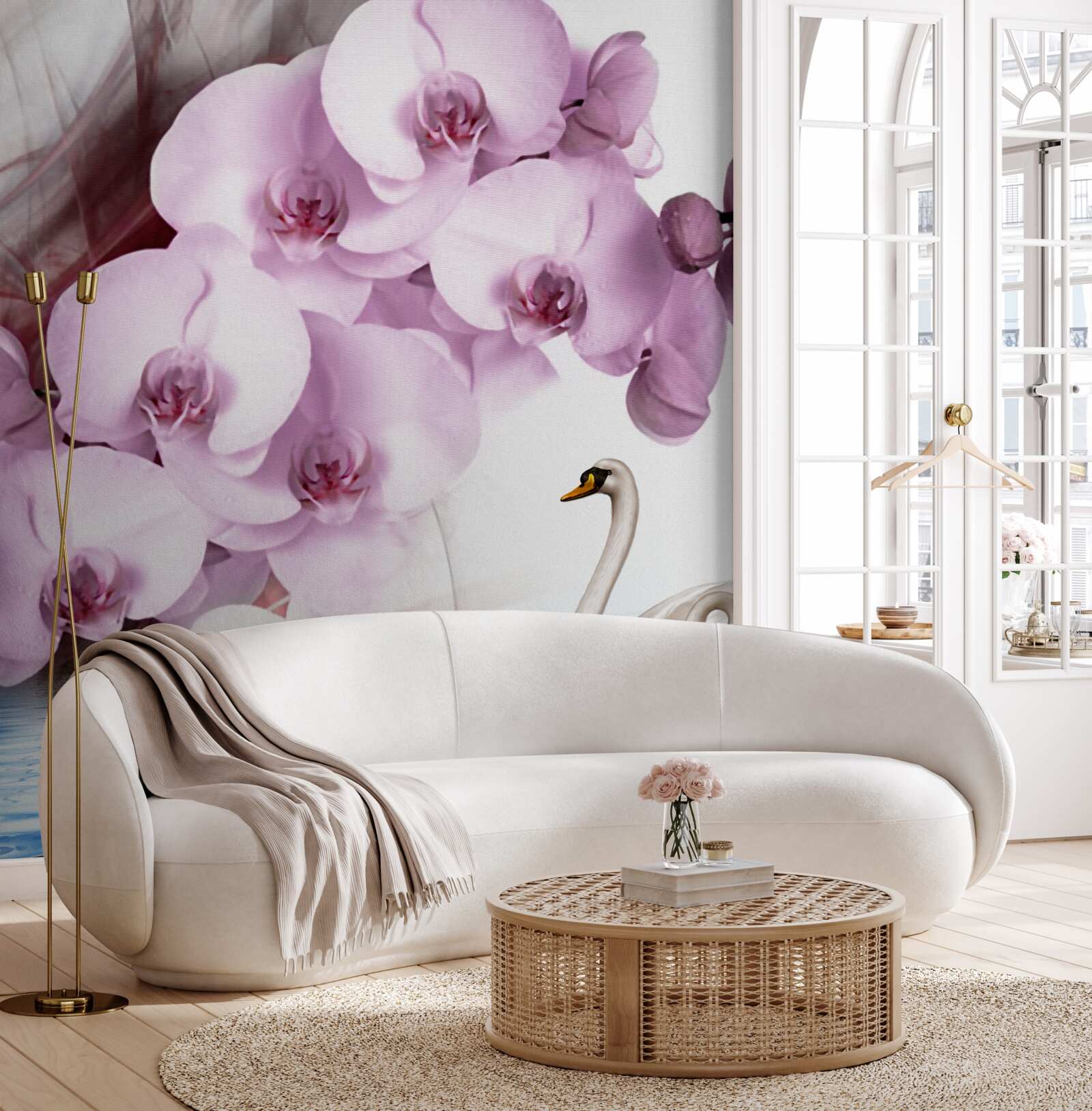 Fototapet lebede pe suprafața apei și o floare delicată de orhidee liliac