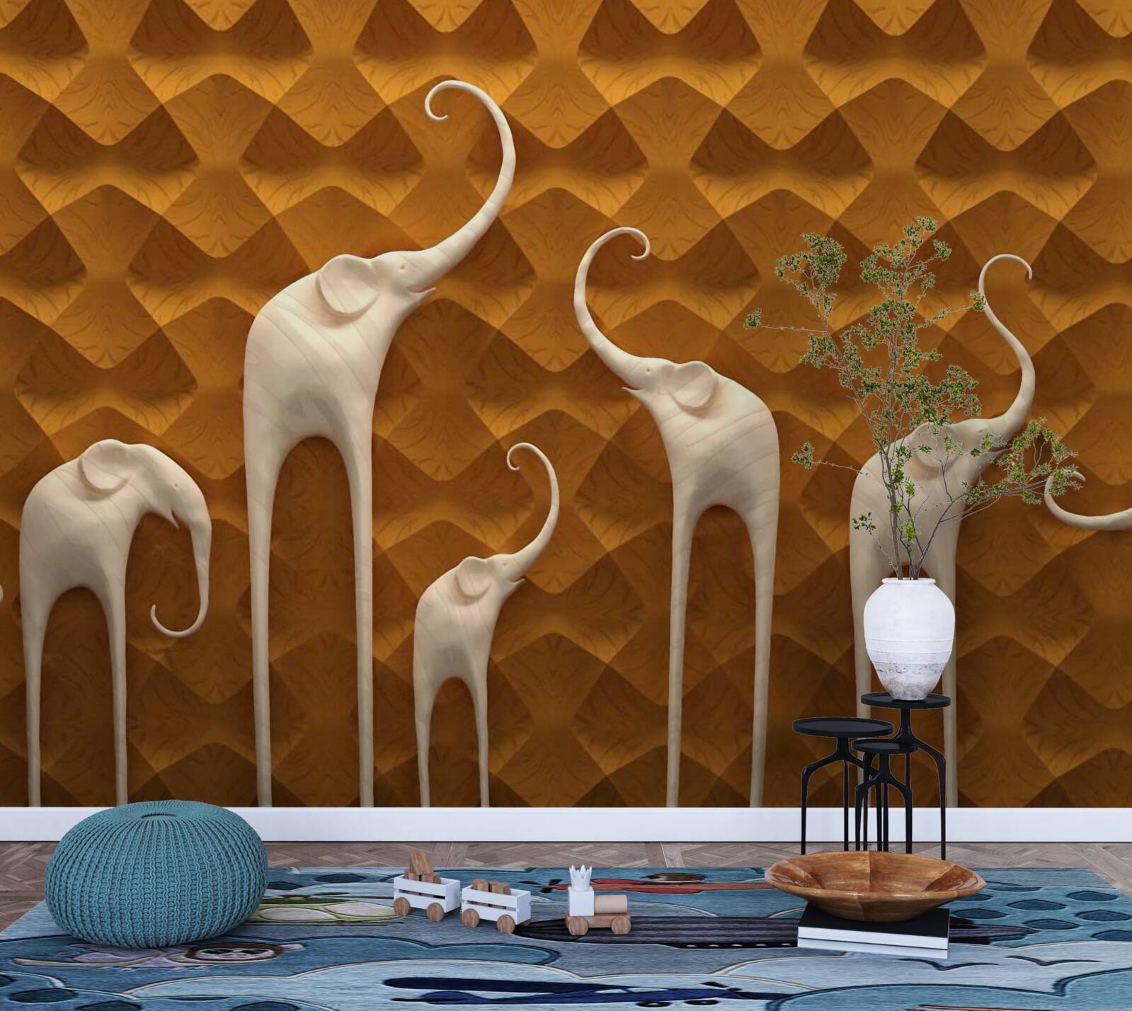 Fototapet elefanți înalți și grațioși și artă abstractă