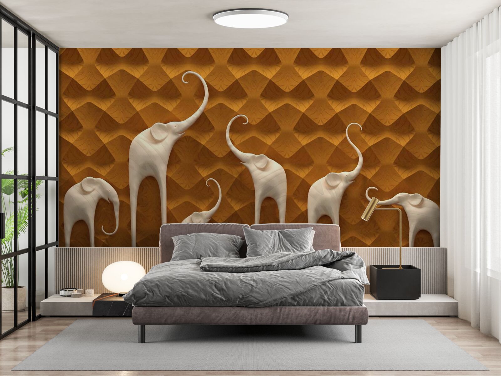 Fototapet elefanți înalți și grațioși și artă abstractă