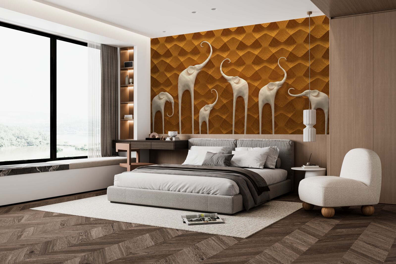 Fototapet elefanți înalți și grațioși și artă abstractă