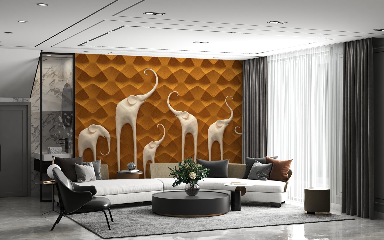 Fototapet elefanți înalți și grațioși și artă abstractă