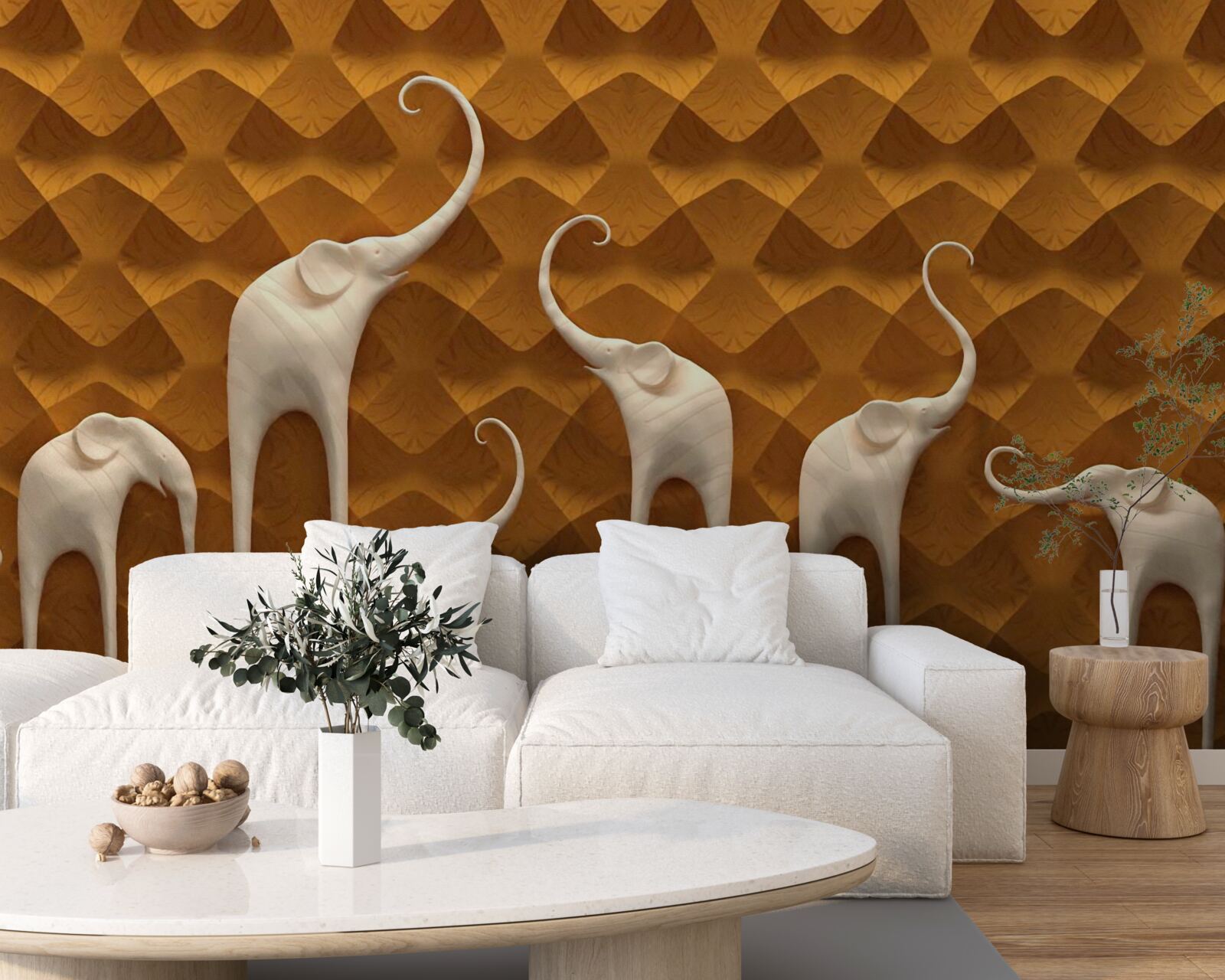 Fototapet elefanți înalți și grațioși și artă abstractă