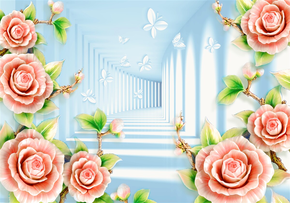 Fototapet tunel albastru umplut cu trandafiri roz