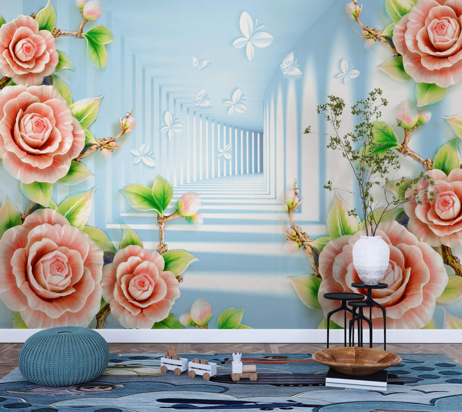 Fototapet tunel albastru umplut cu trandafiri roz