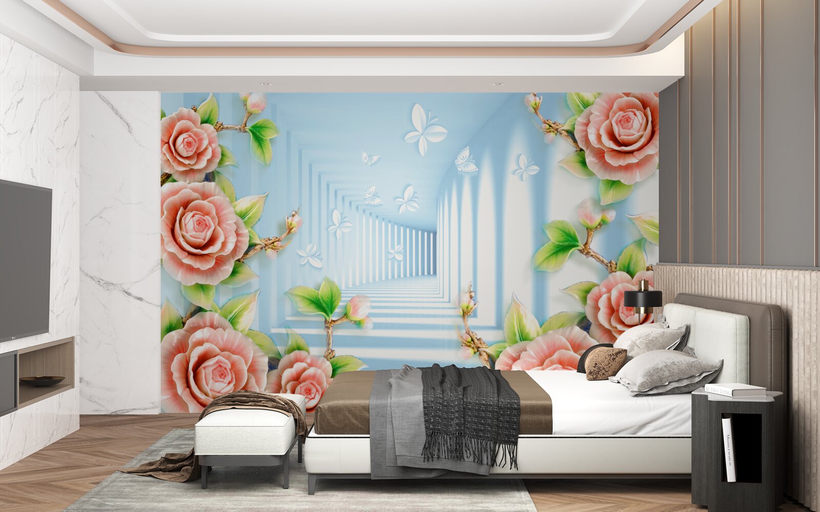 Fototapet tunel albastru umplut cu trandafiri roz