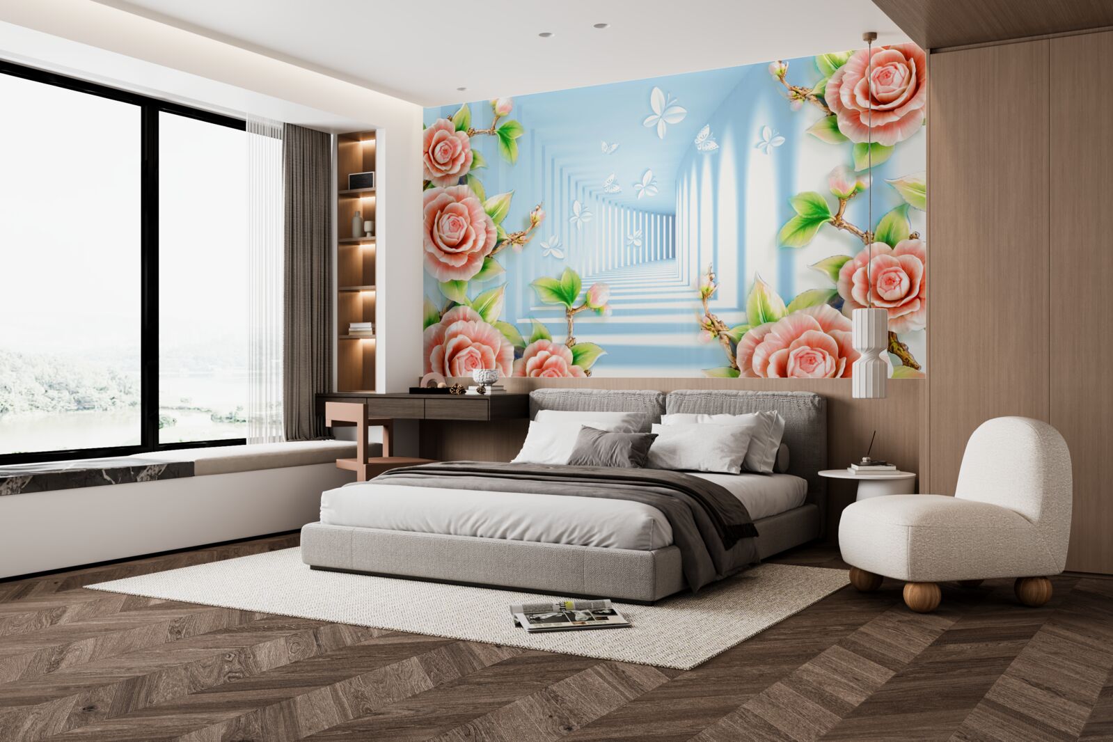 Fototapet tunel albastru umplut cu trandafiri roz