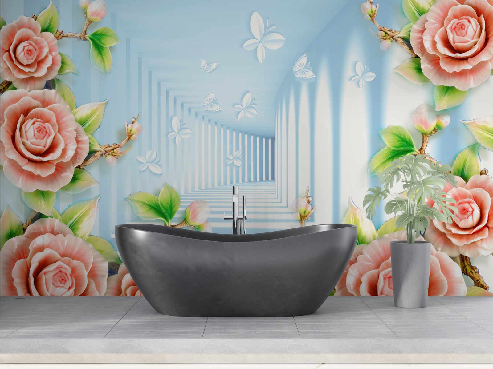 Fototapet tunel albastru umplut cu trandafiri roz