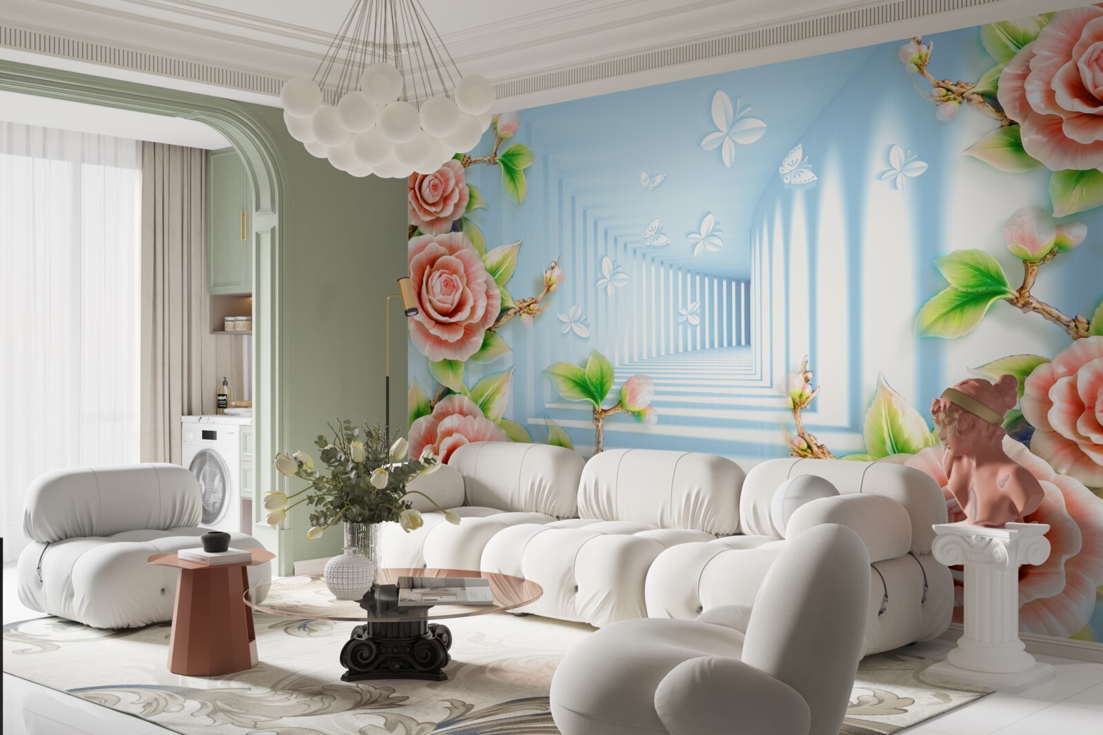 Fototapet tunel albastru umplut cu trandafiri roz