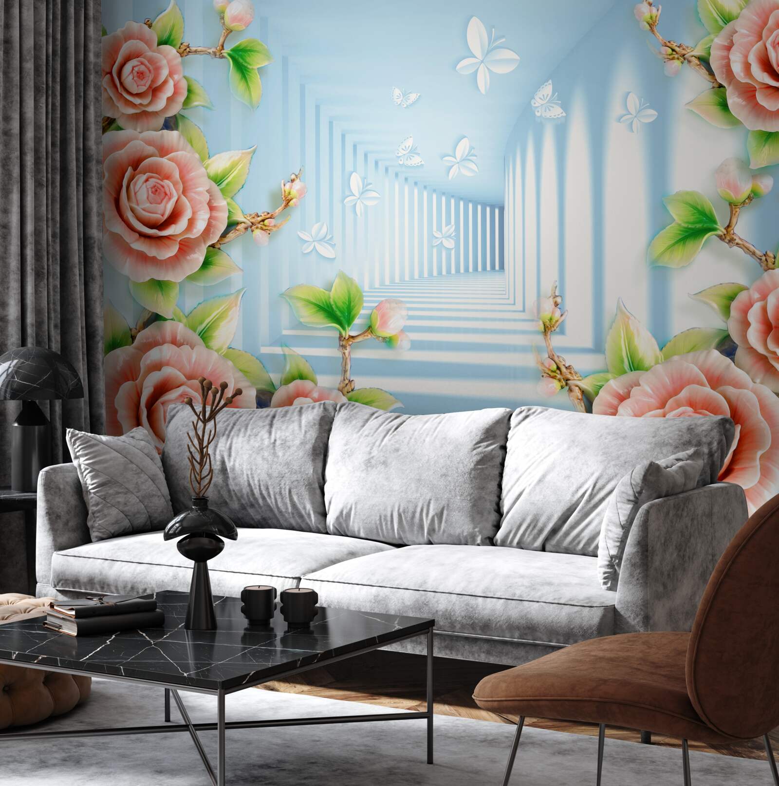 Fototapet tunel albastru umplut cu trandafiri roz