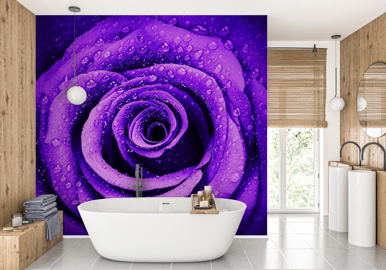 Fototapet o vedere de aproape a unui trandafir violet acoperit cu picături de ploaie