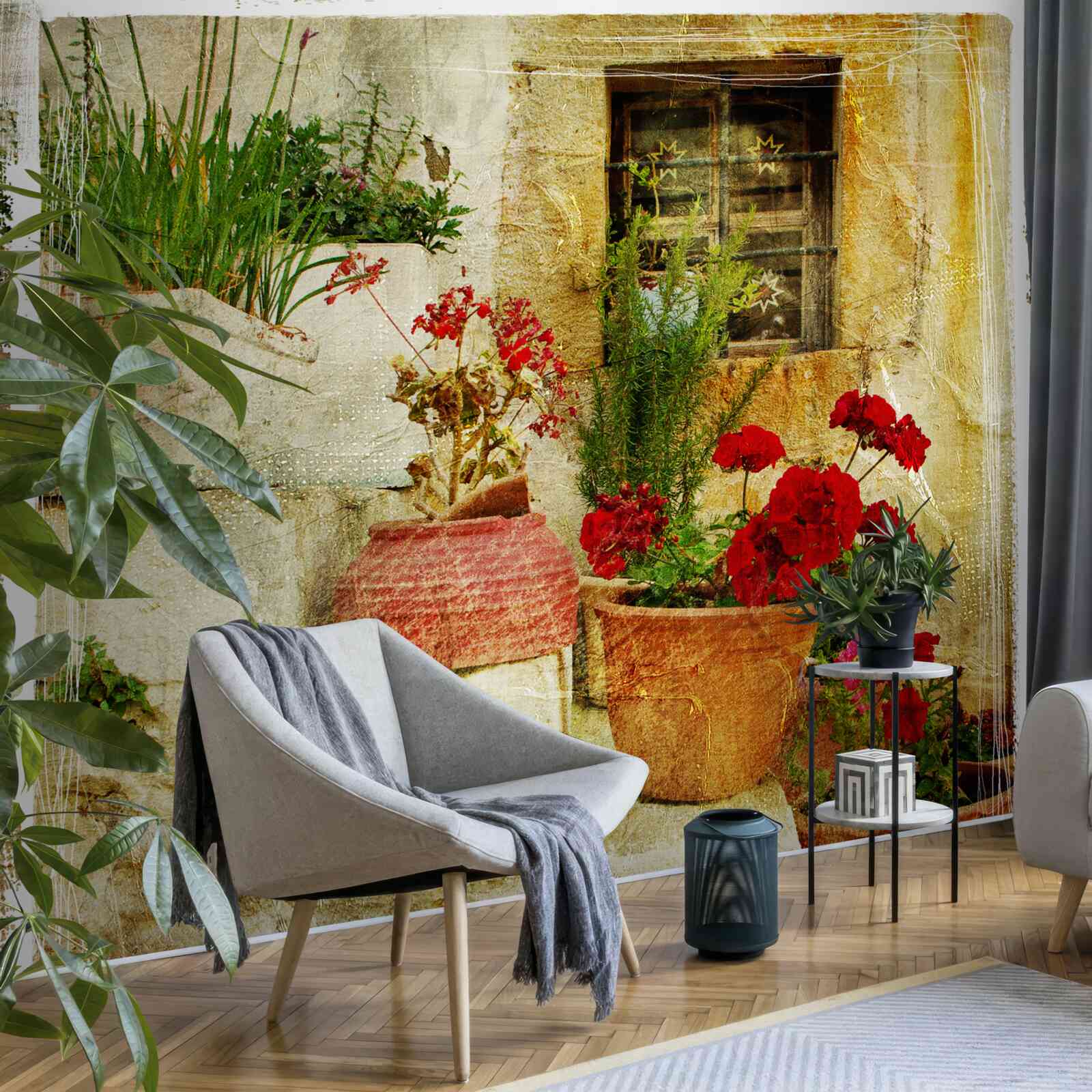 Fototapet ghivece de flori pe treptele de piatră