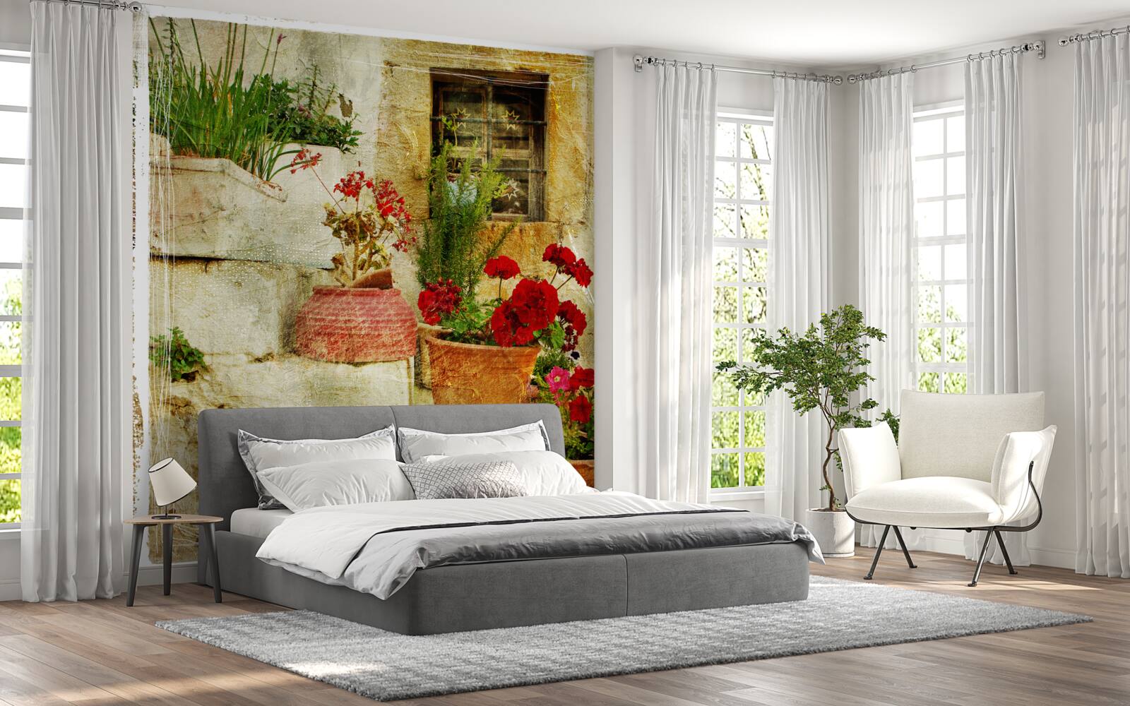 Fototapet ghivece de flori pe treptele de piatră