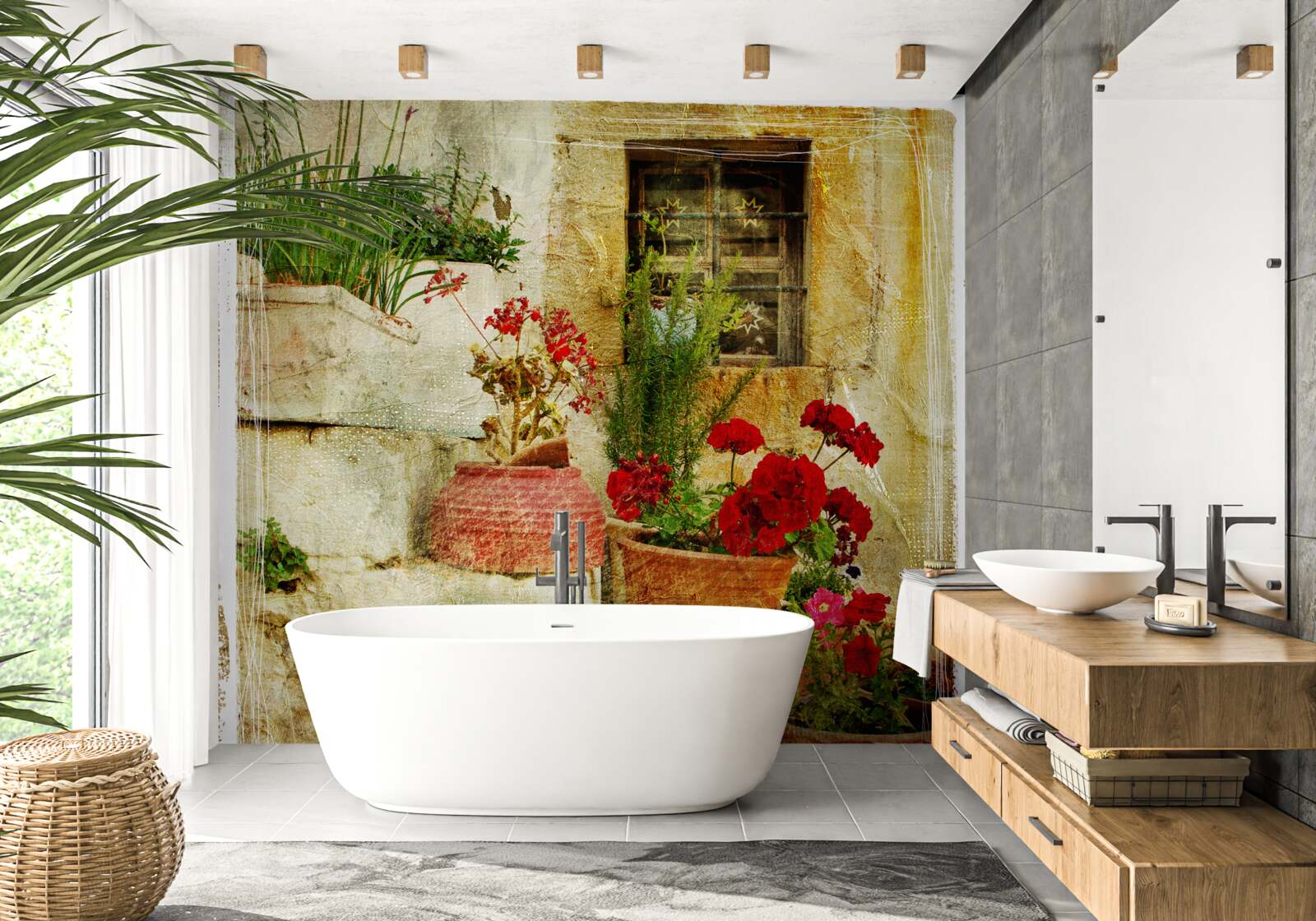 Fototapet ghivece de flori pe treptele de piatră