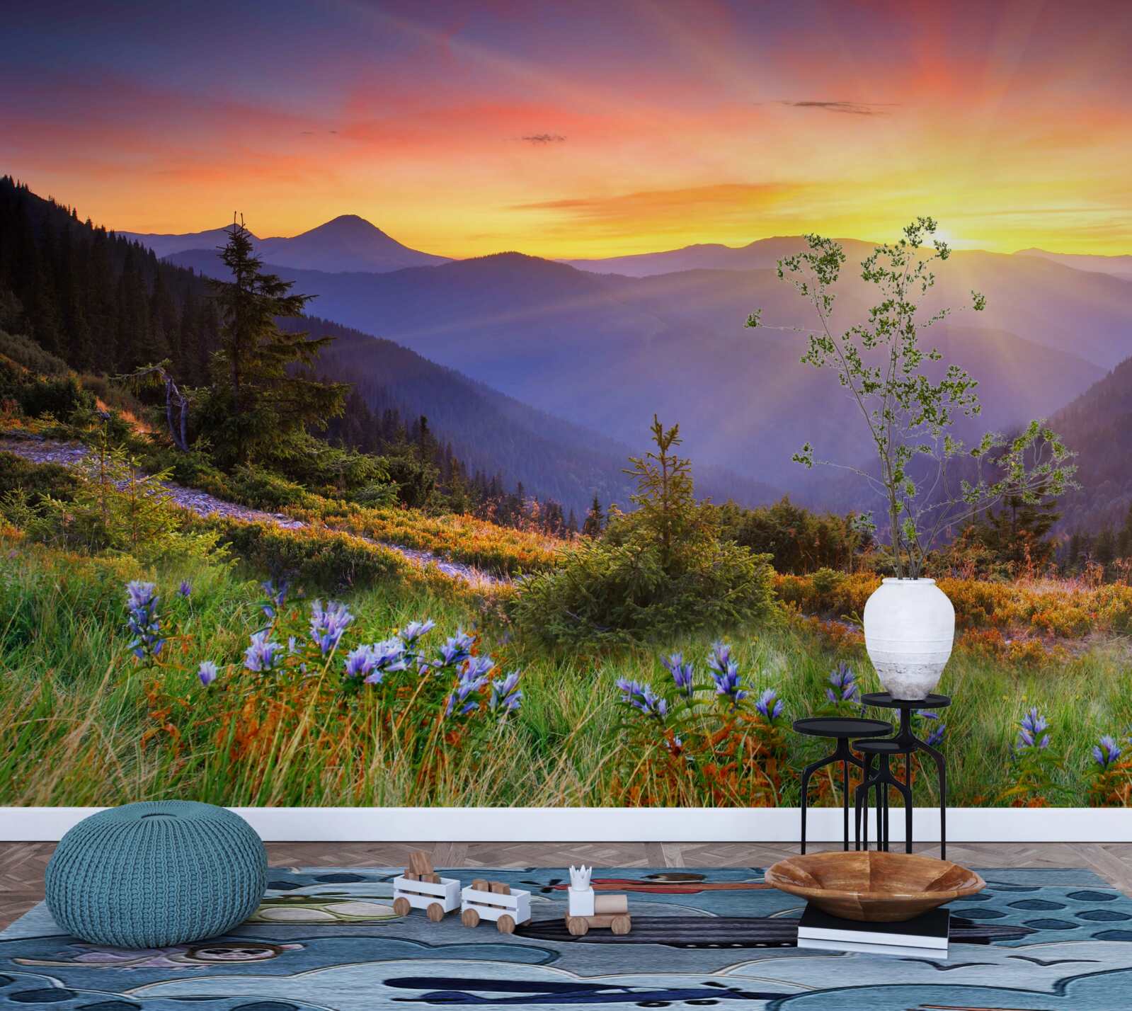 Fototapet soarele apune pe o pajiște alpină