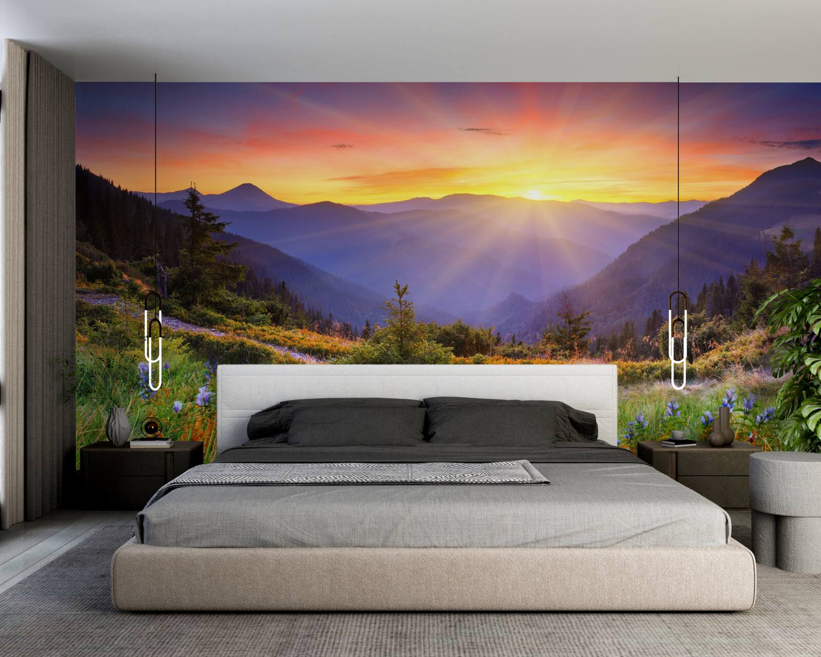 Fototapet soarele apune pe o pajiște alpină