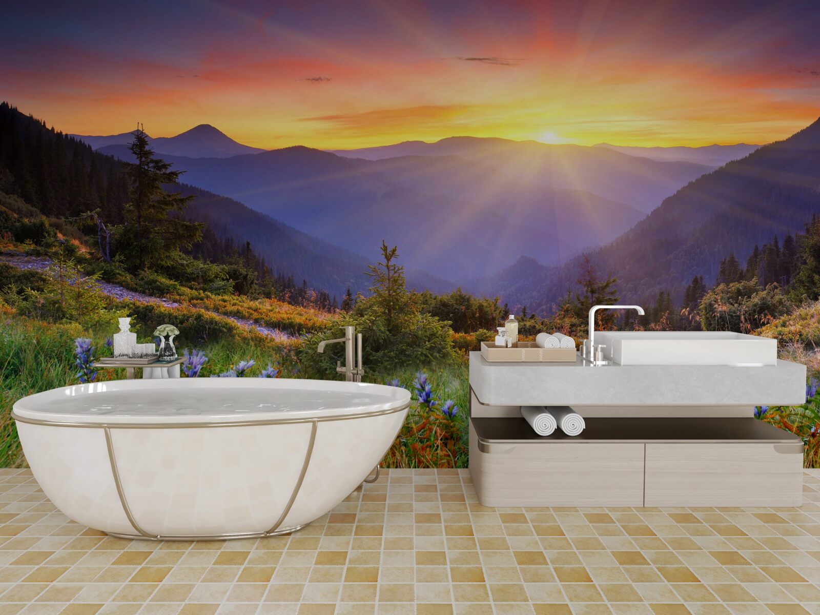 Fototapet soarele apune pe o pajiște alpină