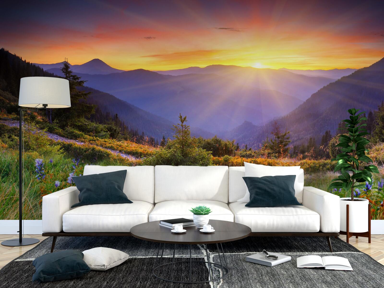 Fototapet soarele apune pe o pajiște alpină