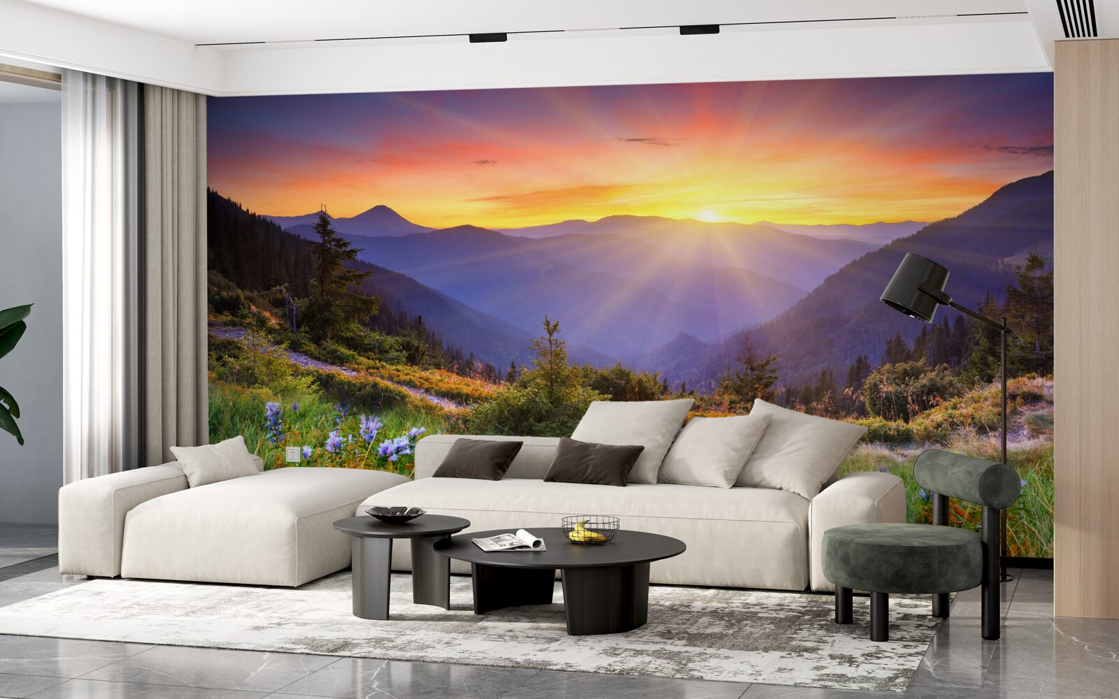 Fototapet soarele apune pe o pajiște alpină