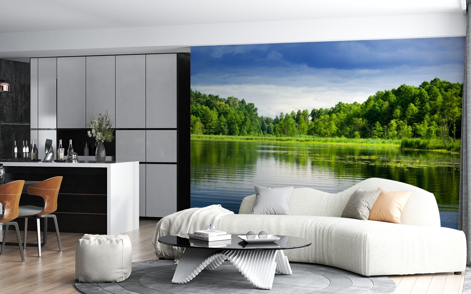 Fototapet pădure luxuriantă de smarald lângă un corp de apă liniștit