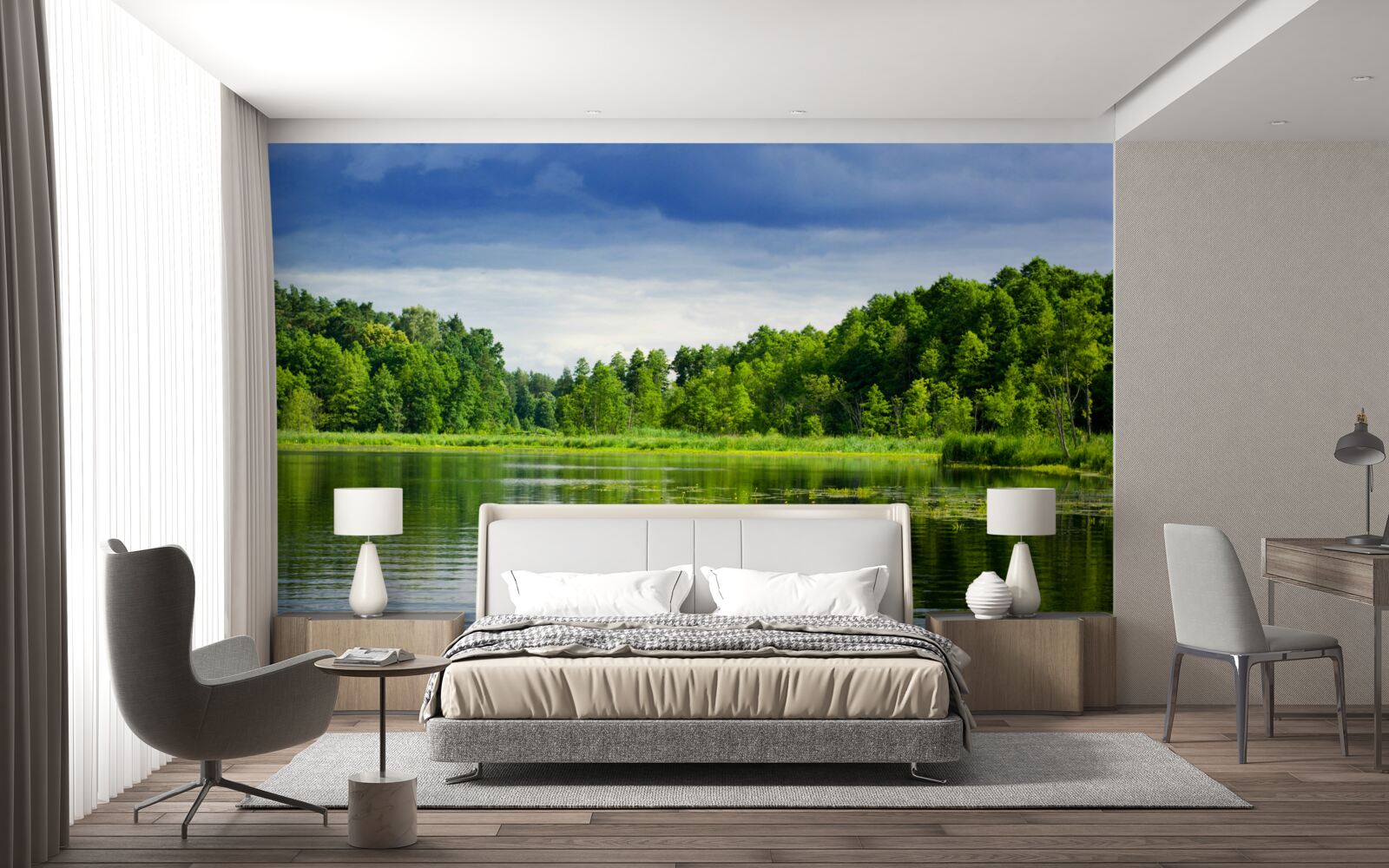 Fototapet pădure luxuriantă de smarald lângă un corp de apă liniștit