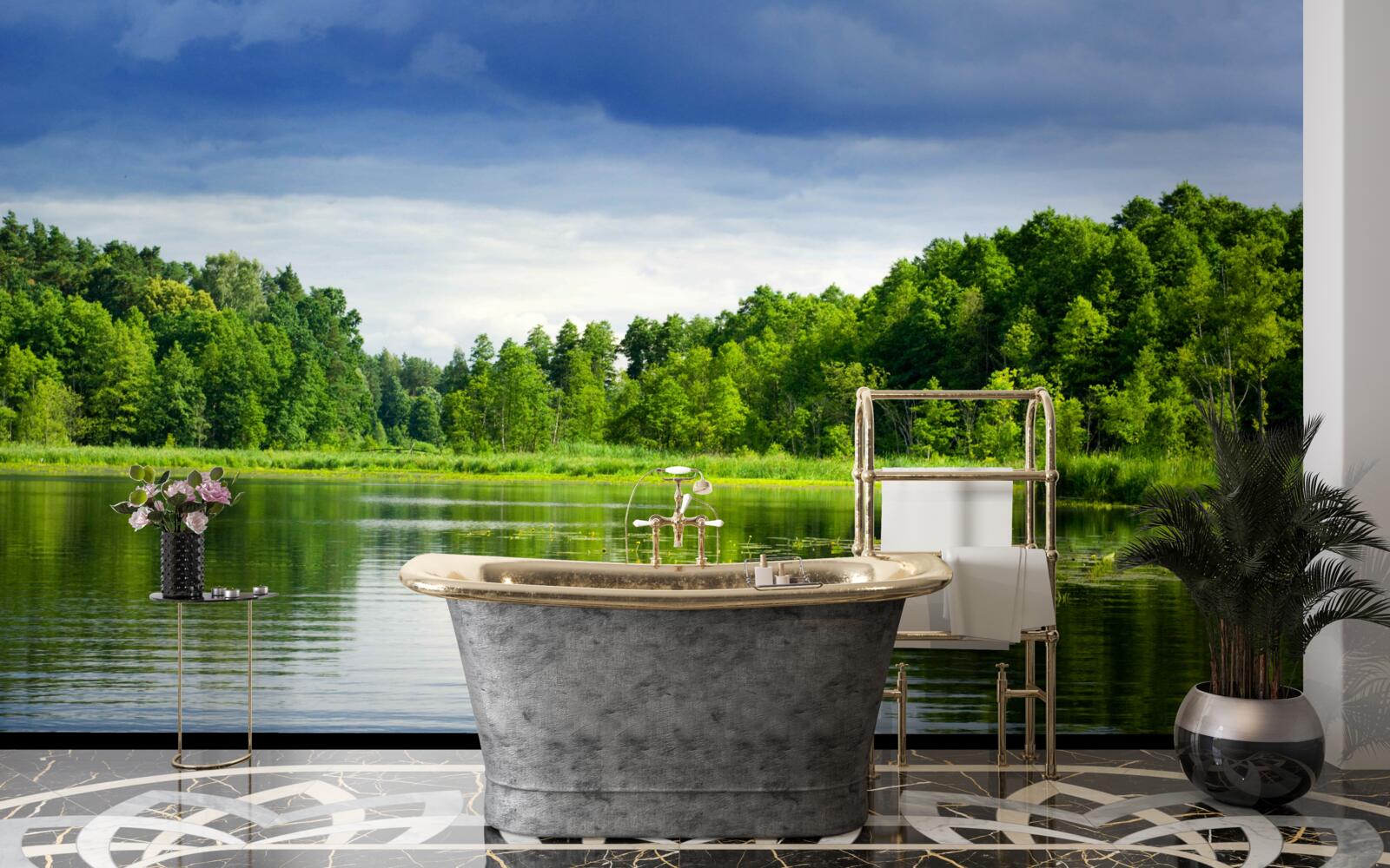 Fototapet pădure luxuriantă de smarald lângă un corp de apă liniștit