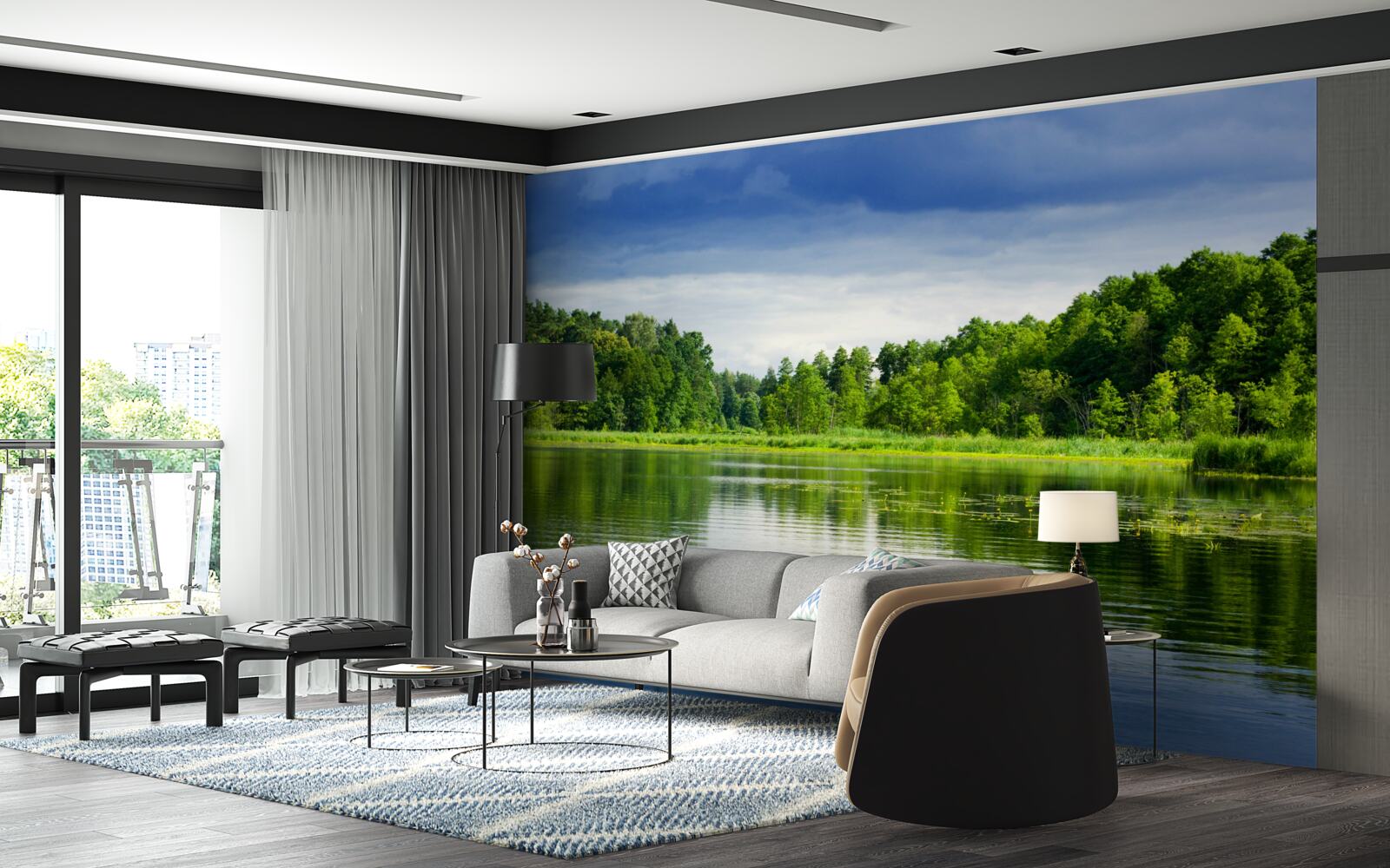 Fototapet pădure luxuriantă de smarald lângă un corp de apă liniștit