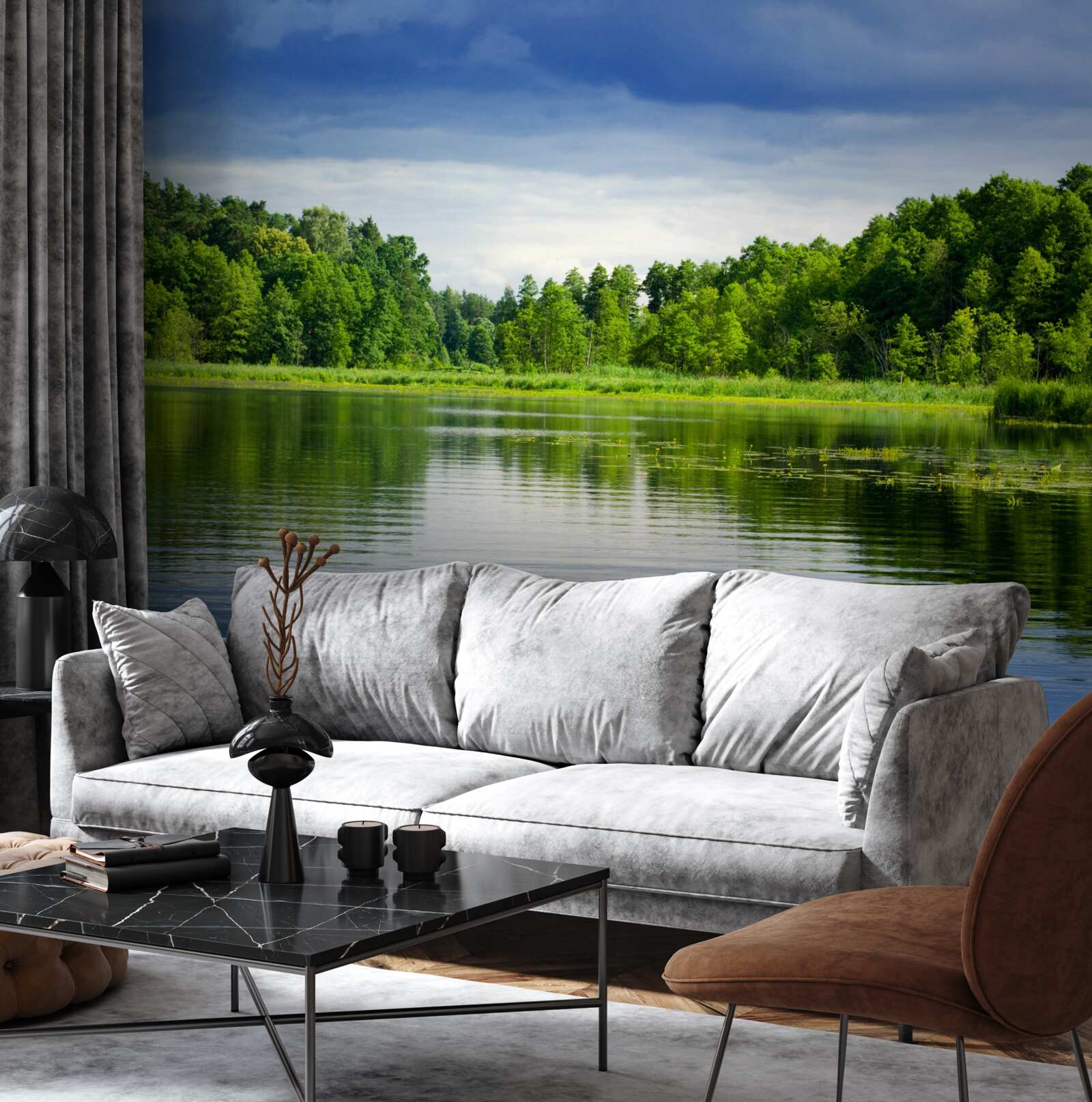 Fototapet pădure luxuriantă de smarald lângă un corp de apă liniștit