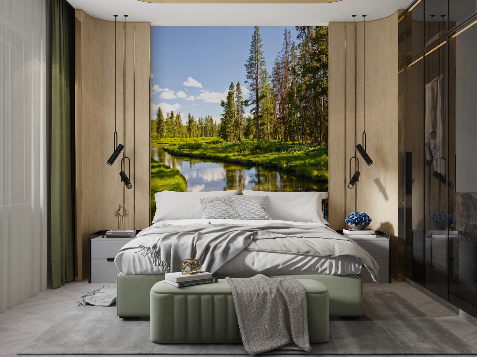 Fototapet pârâu forestier printre conifere în timpul verii