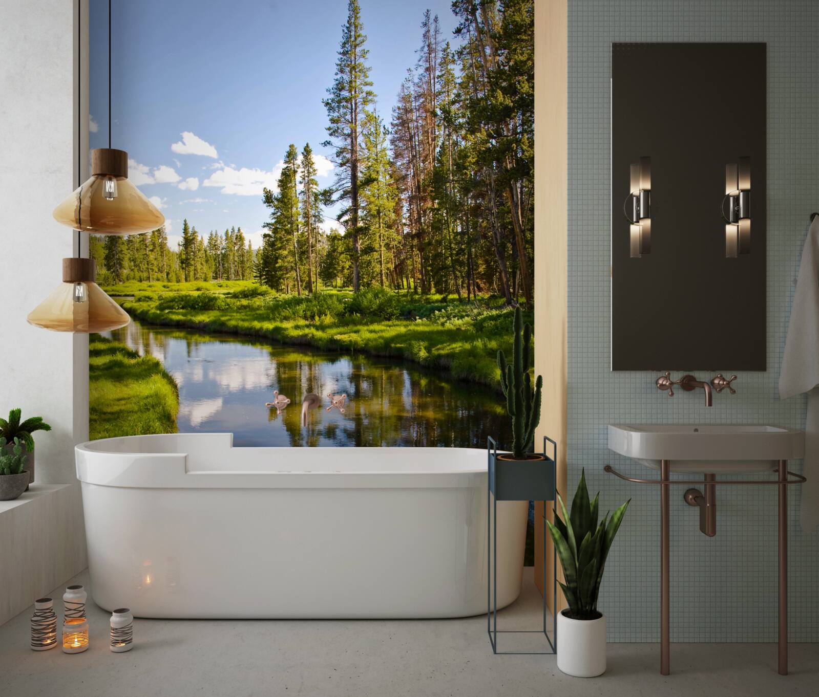 Fototapet pârâu forestier printre conifere în timpul verii