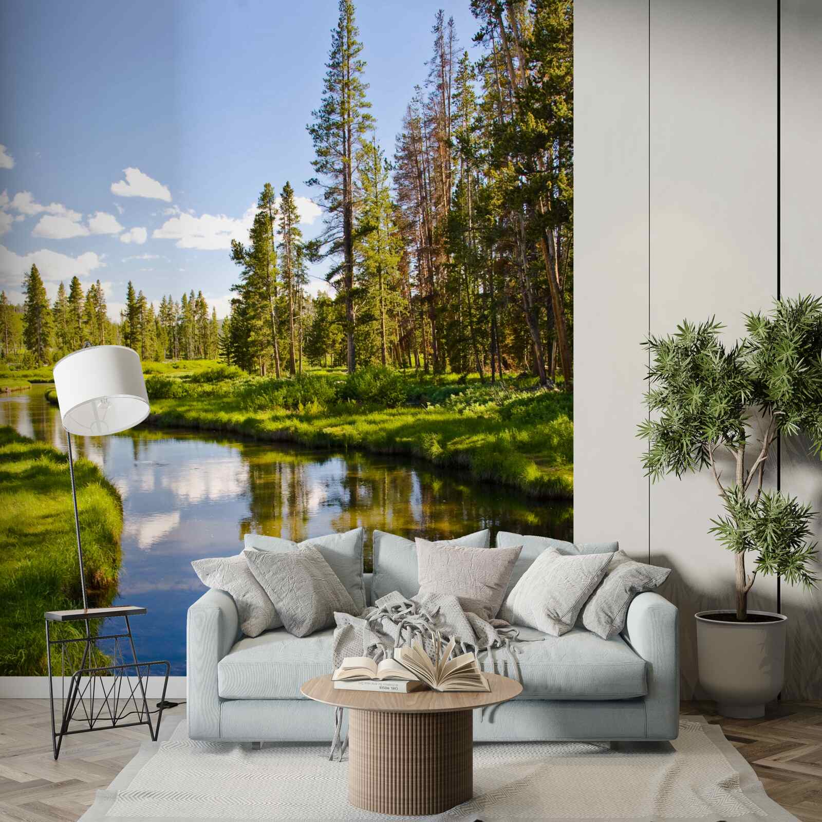 Fototapet pârâu forestier printre conifere în timpul verii