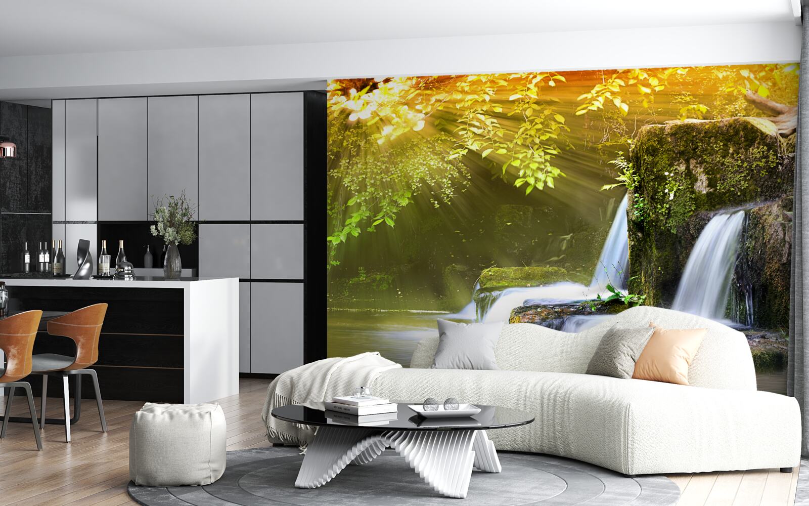 Fototapet cascadă care se încadrează în lumina soarelui