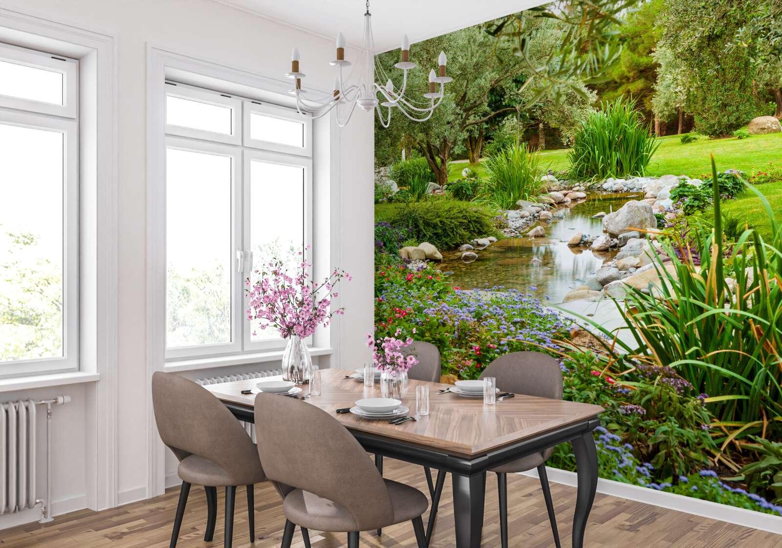 Fototapet un pârâu calm pe o pajiște de smarald