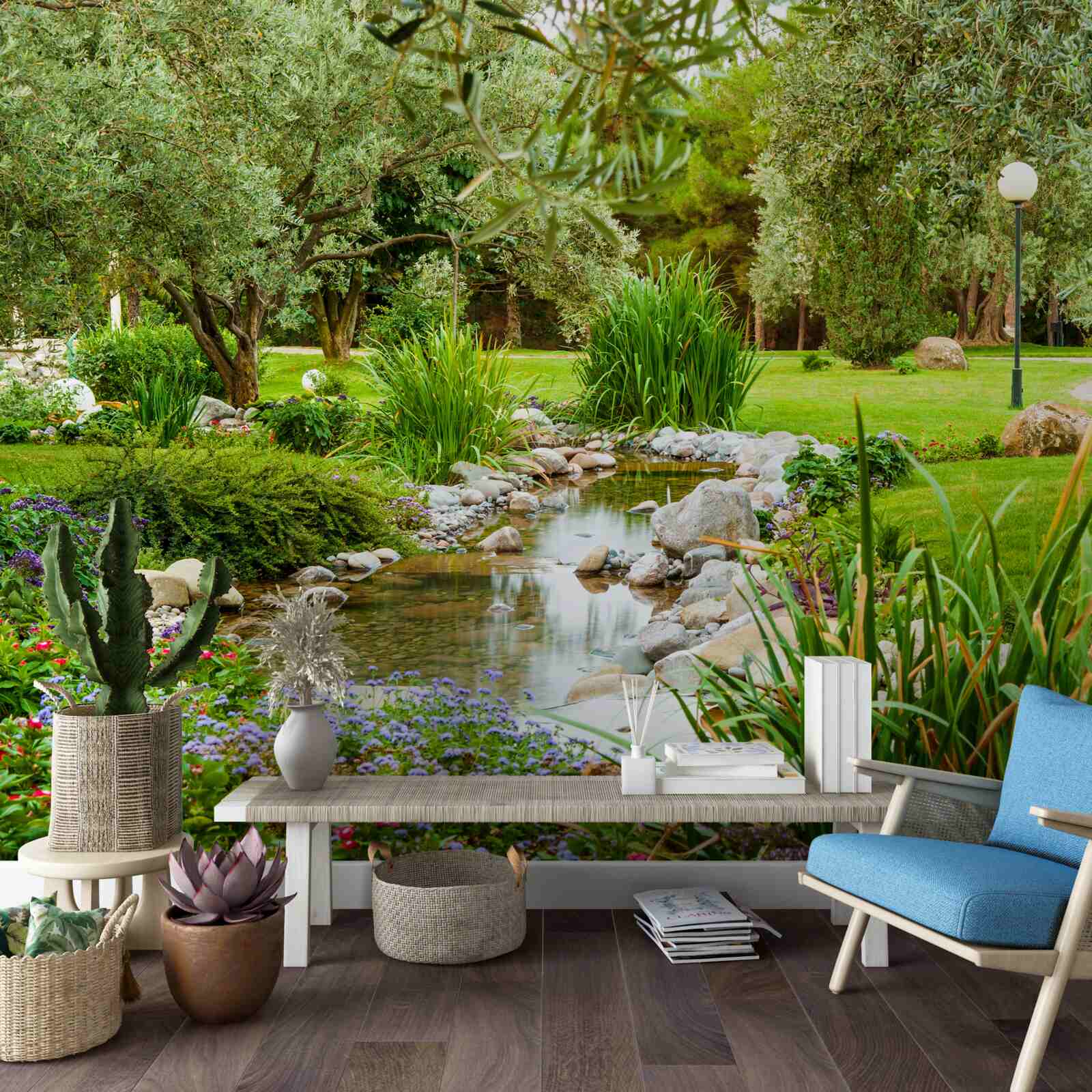 Fototapet un pârâu calm pe o pajiște de smarald