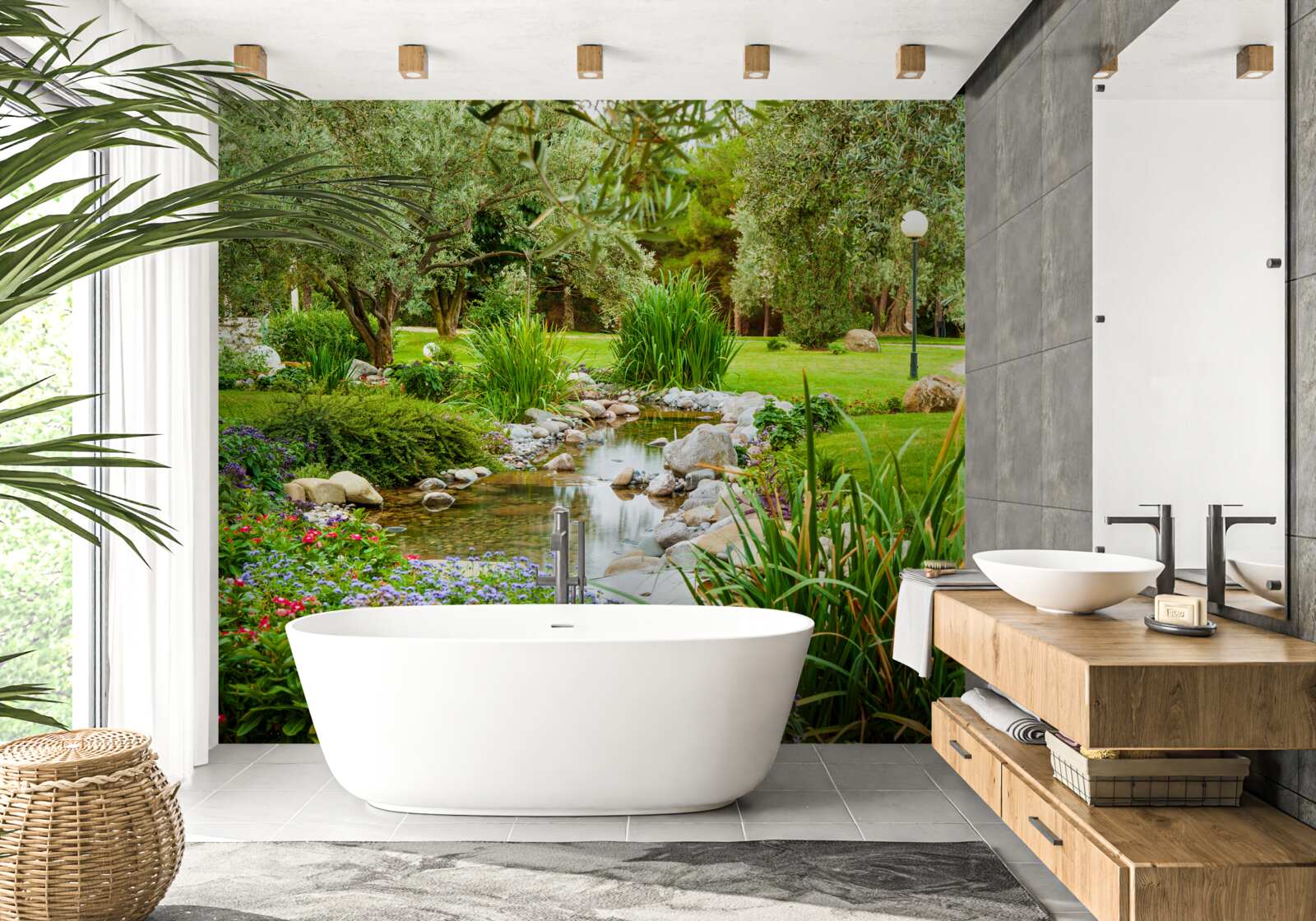 Fototapet un pârâu calm pe o pajiște de smarald