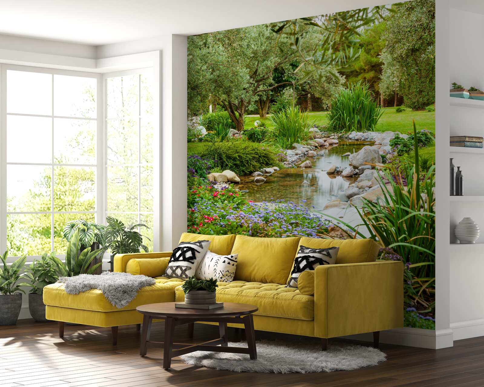 Fototapet un pârâu calm pe o pajiște de smarald