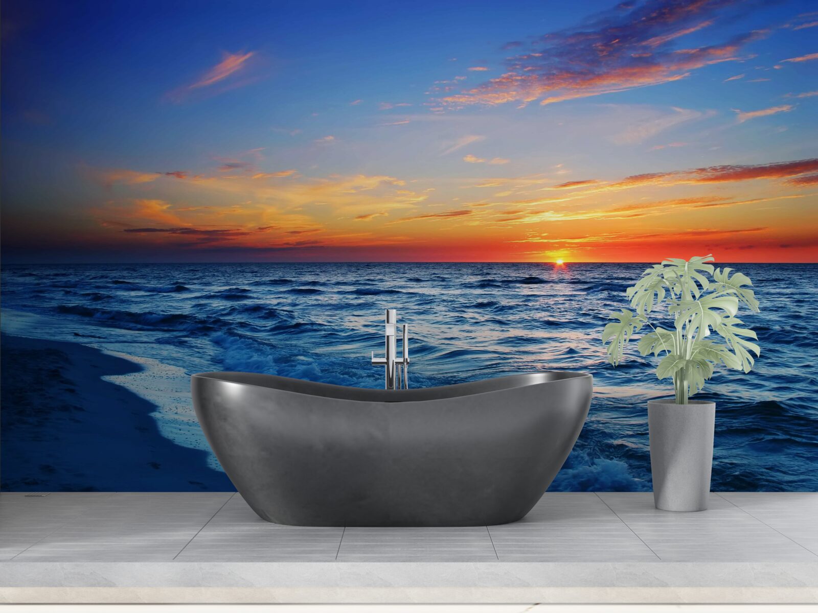 Fototapet soarele care apune și valurile înspumate