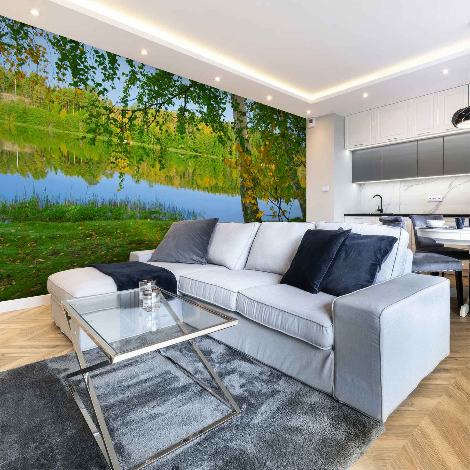 Fototapet reflecție a râului cu pădure densă de vară