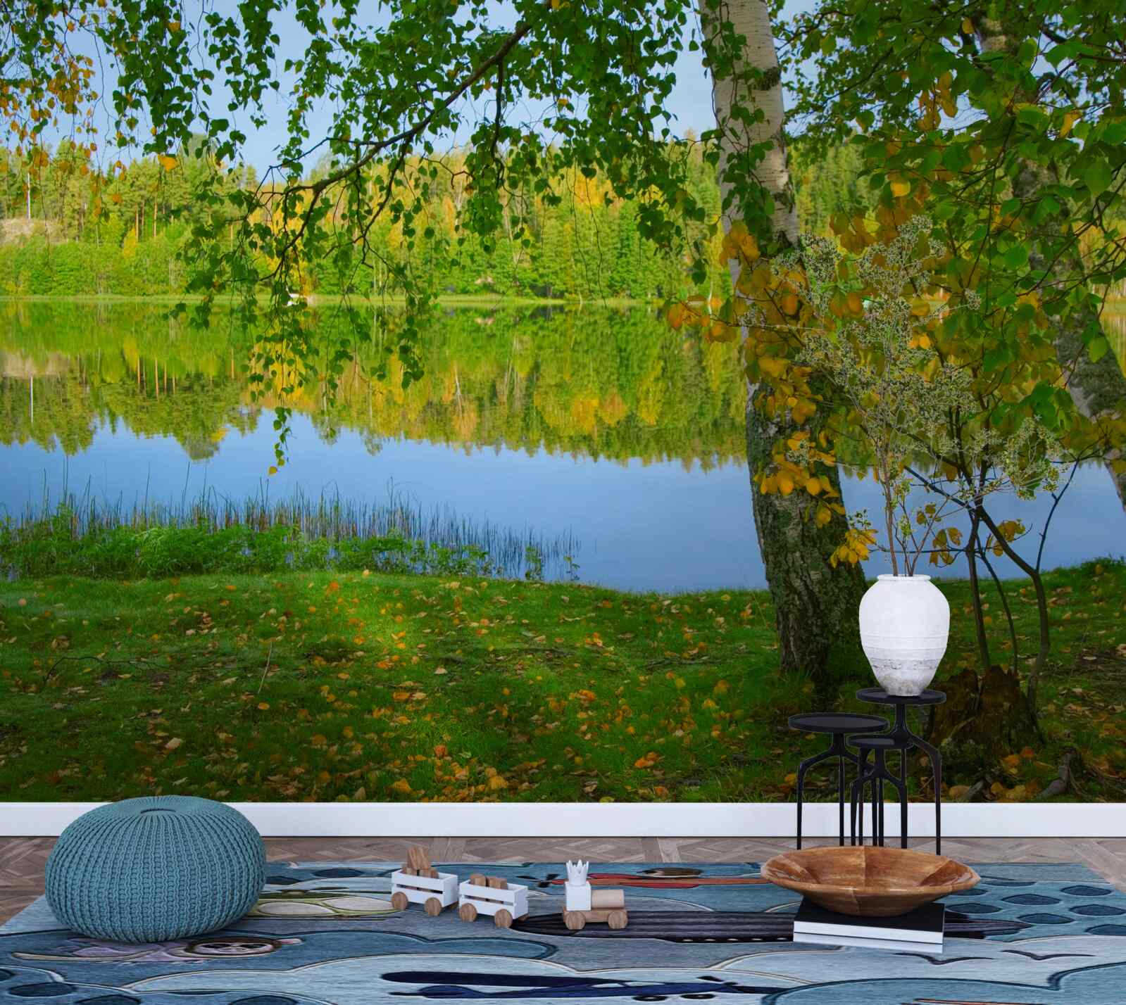 Fototapet reflecție a râului cu pădure densă de vară